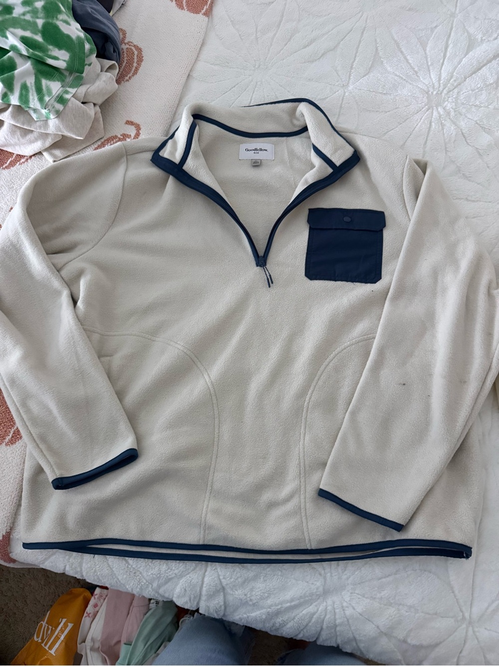 Goodfellow & Co Cream Quarter‑Zip Fleece with Navy Trim